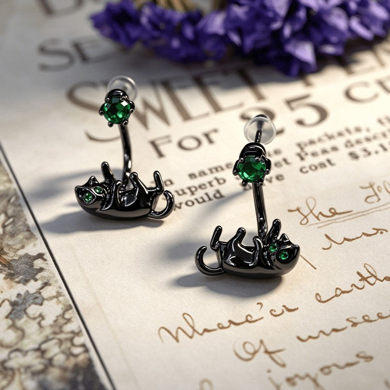 Green Crystal Reclining Cat Drop Earrings