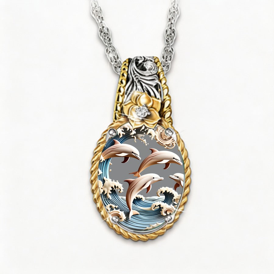 Dolphin Wave Teardrop Pendant Necklace