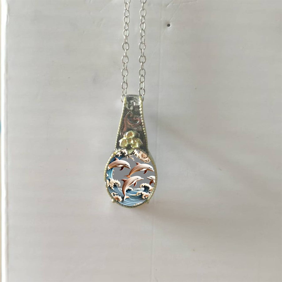 Dolphin Wave Teardrop Pendant Necklace