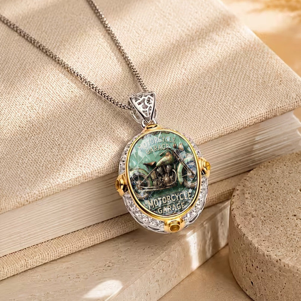 Vintage Motorcycle Oval Necklace