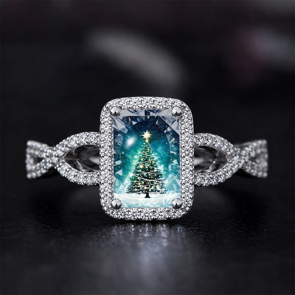 Illuminated Teal Pine Tree Square Ring