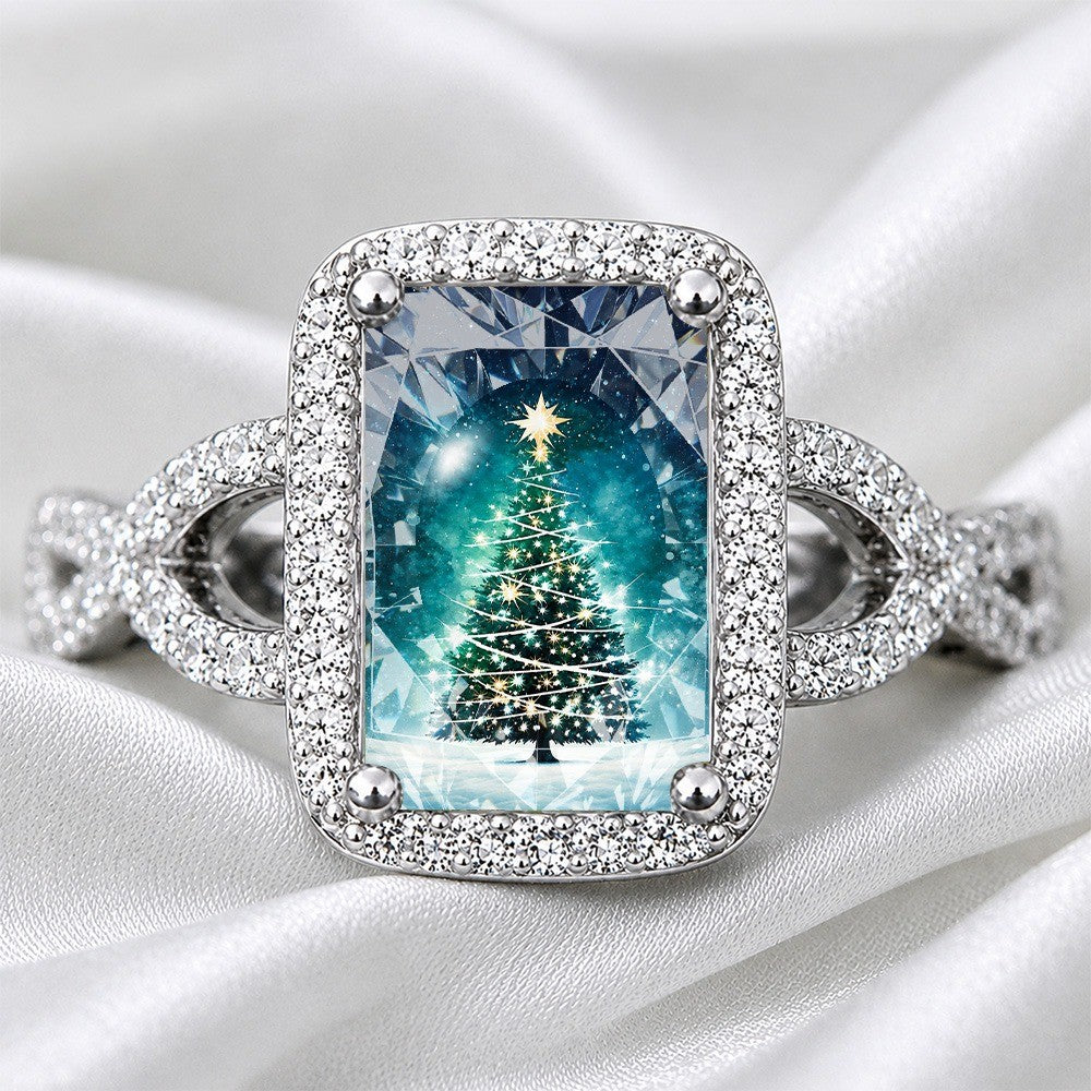 Illuminated Teal Pine Tree Square Ring