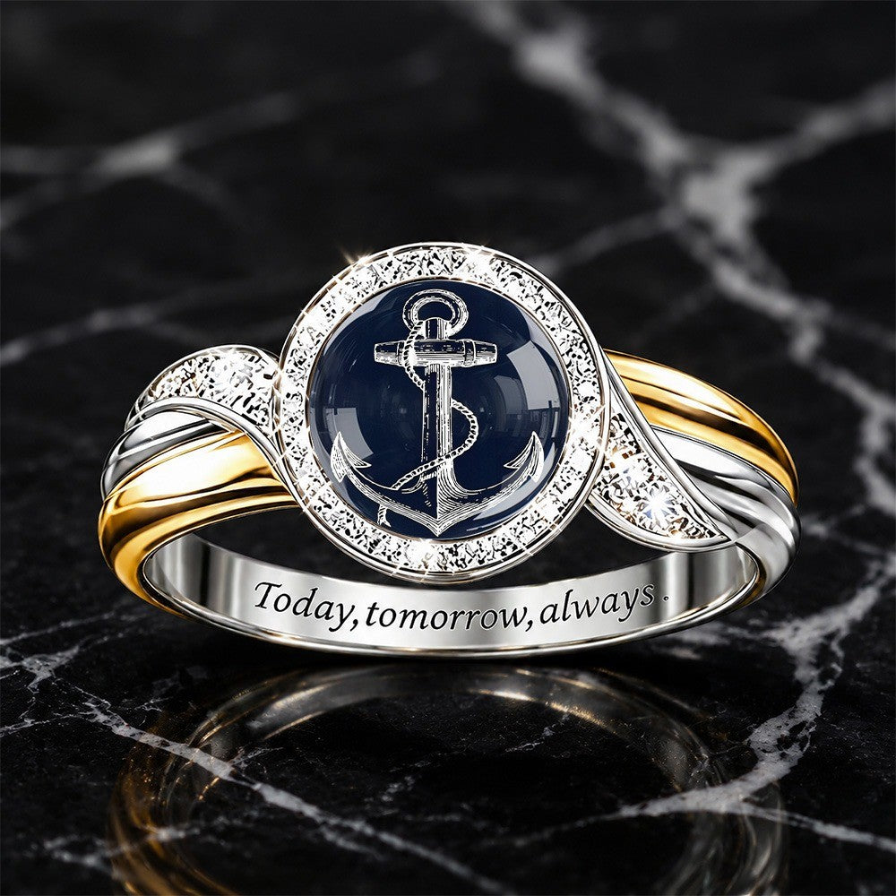 Navy Anchor Crystal Ring