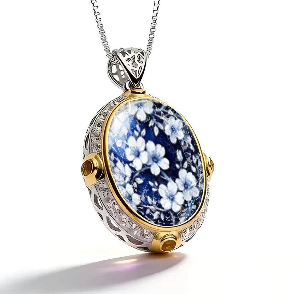 White Blue Floral Oval Pendant Necklace