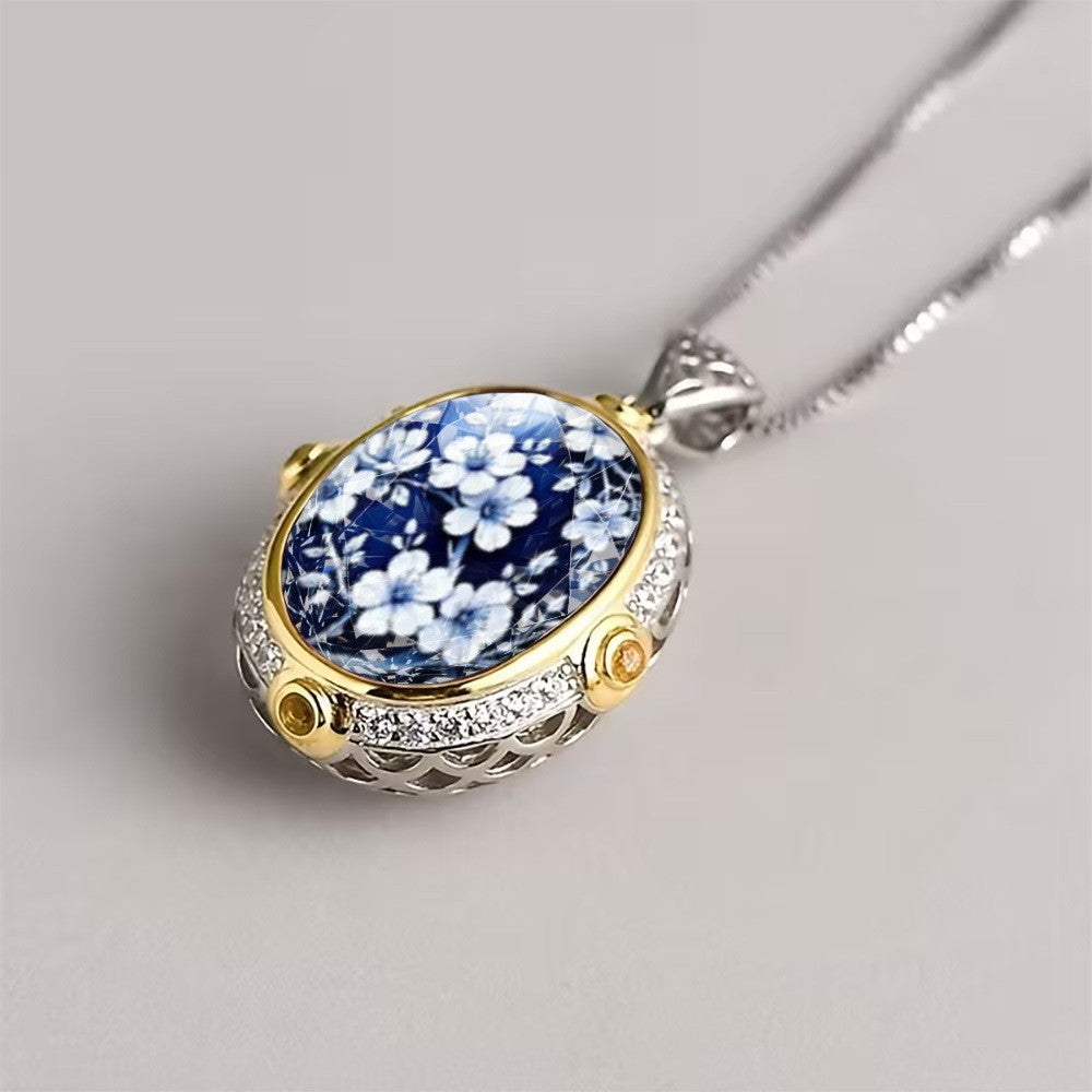 White Blue Floral Oval Pendant Necklace