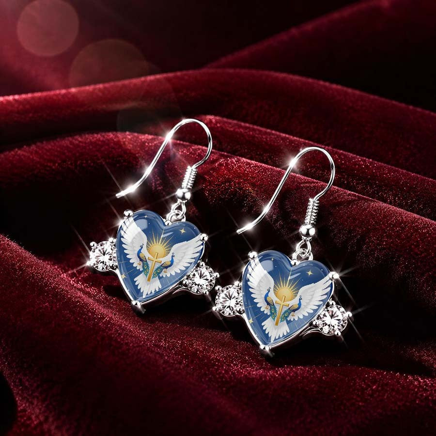Blue Winged Cross Heart Drop Earrings