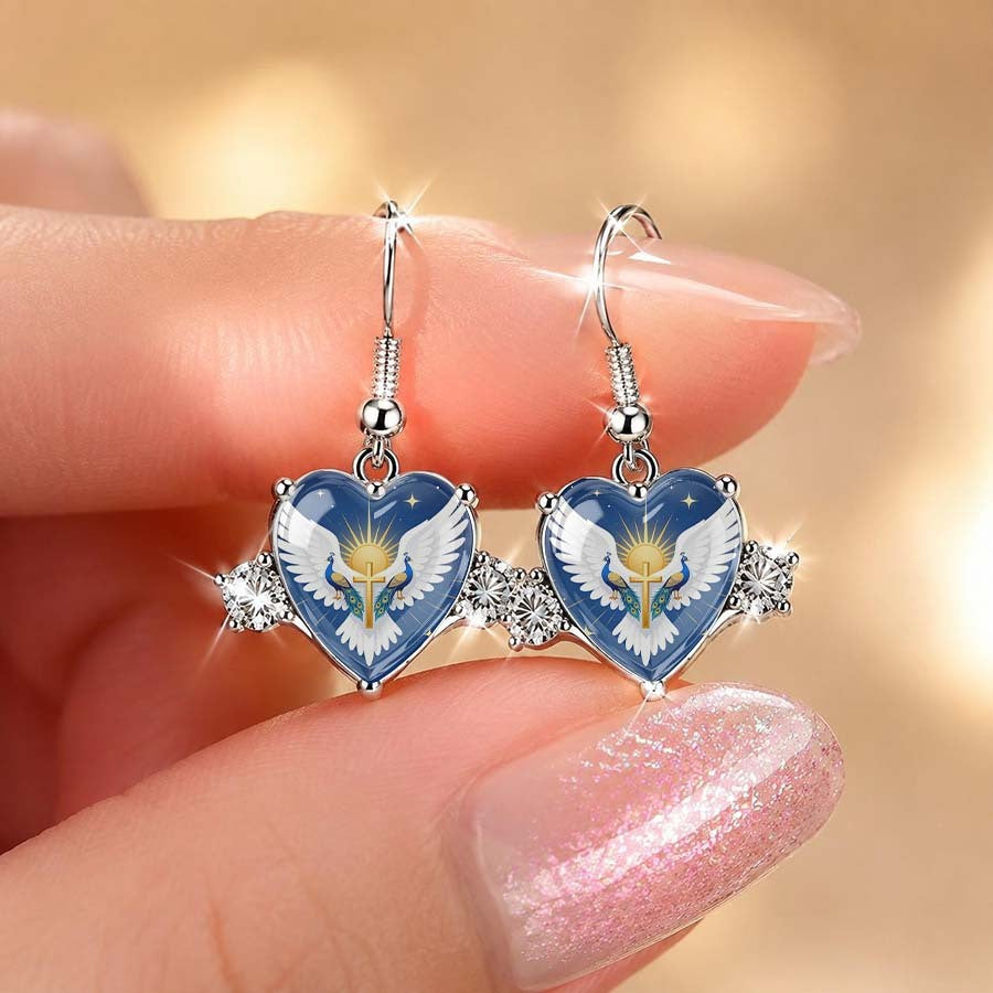 Blue Winged Cross Heart Drop Earrings