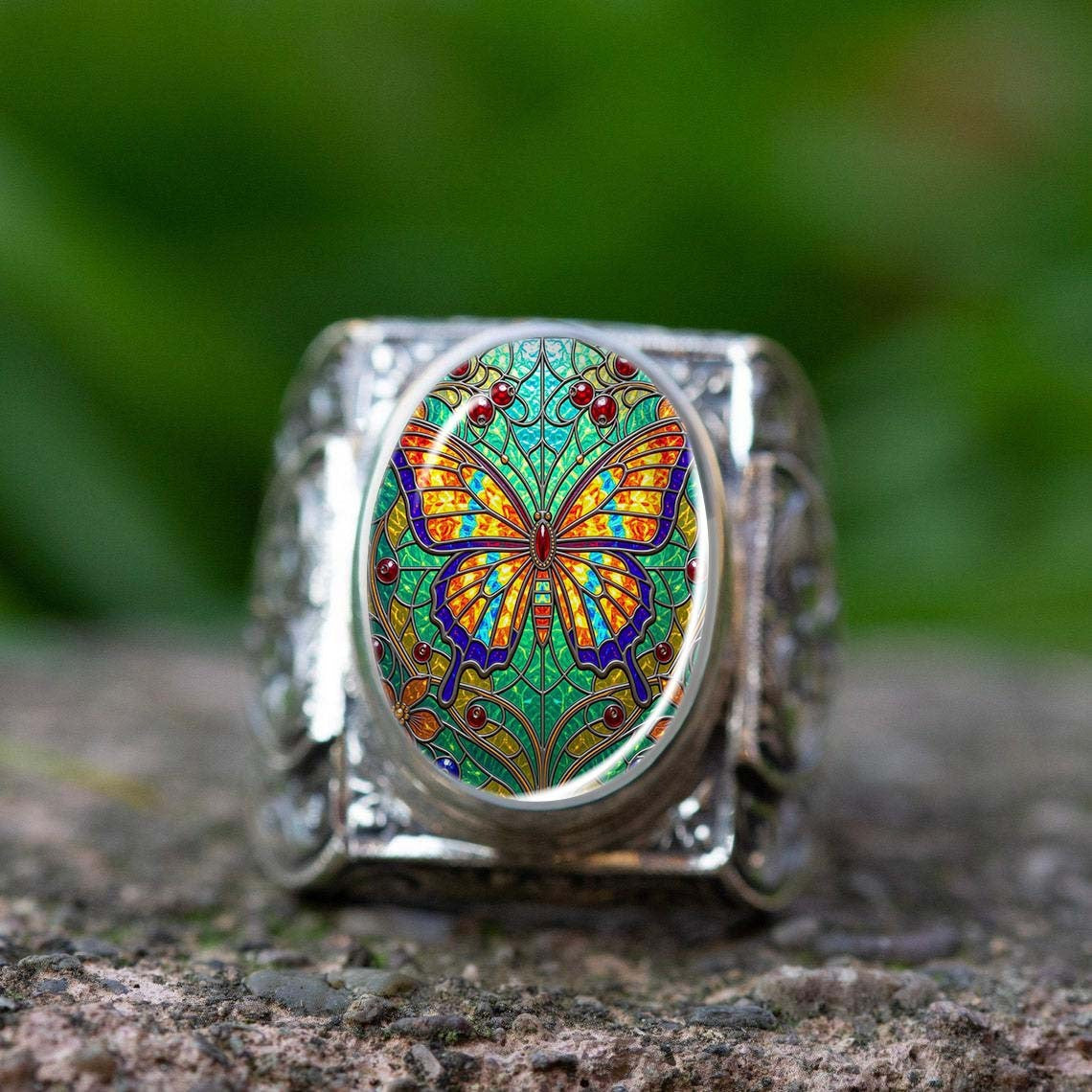 Stained Glass Butterfly Oval Ring