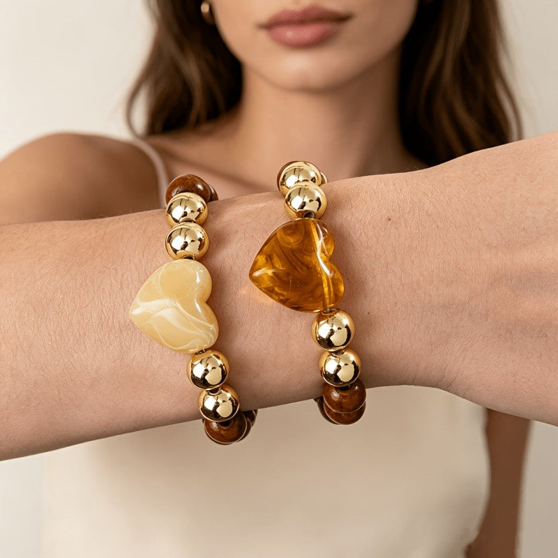 Wood Bead & Heart Charm Bracelet Set