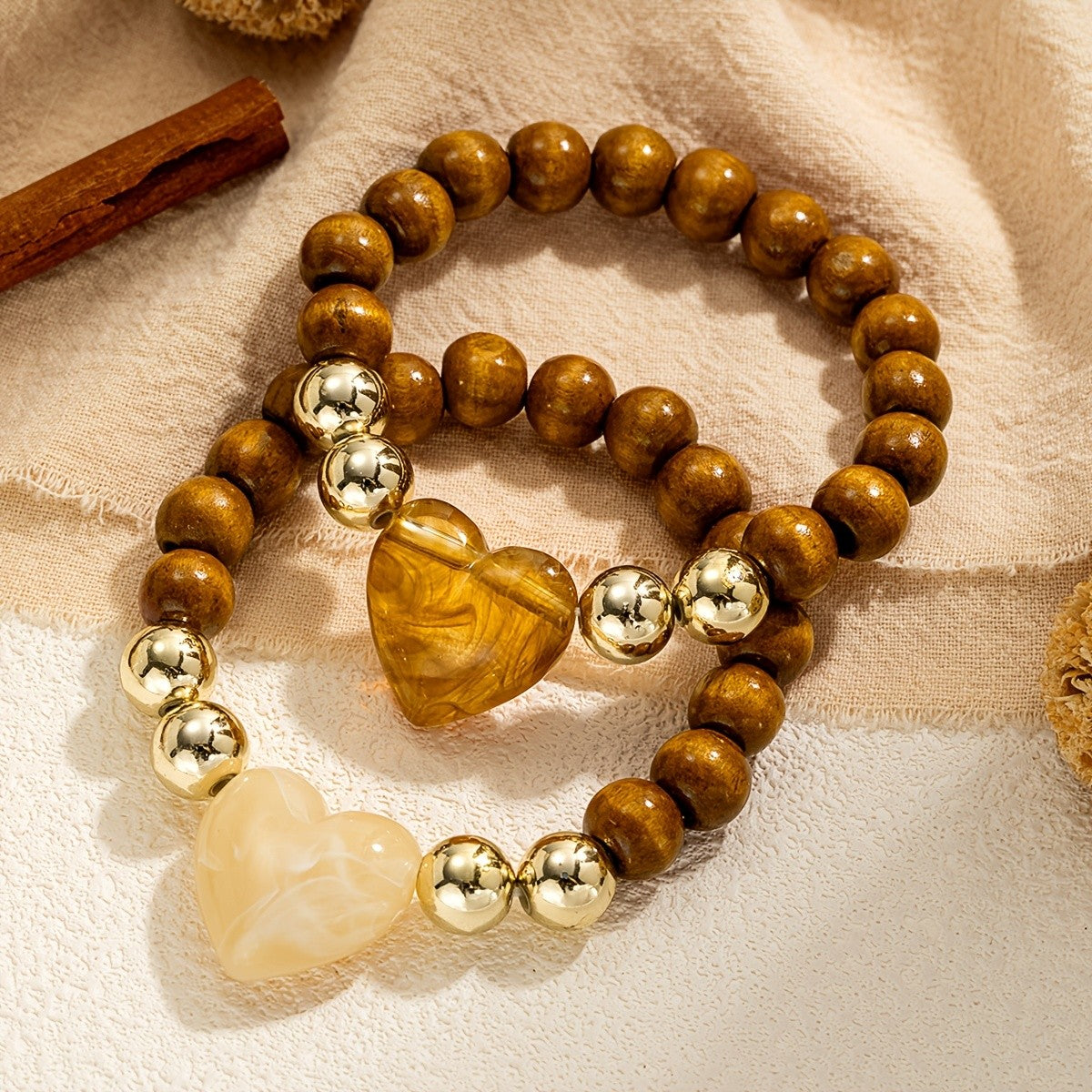 Wood Bead & Heart Charm Bracelet Set
