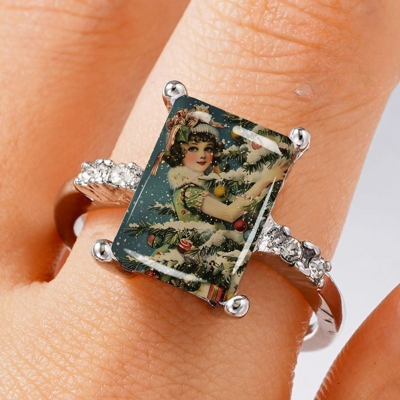Vintage Girl & Christmas Tree Rectangular Ring