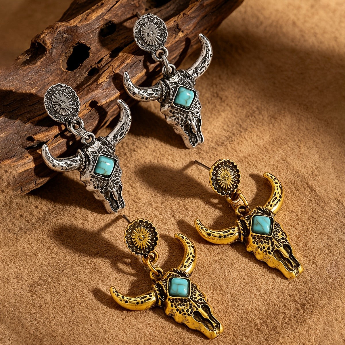Turquoise Inlay Bull Skull Drop Earrings