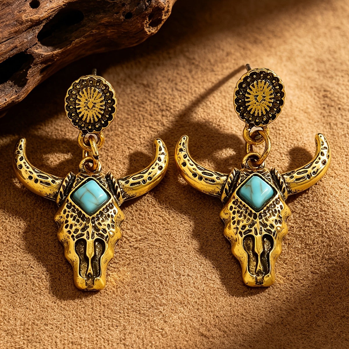 Turquoise Inlay Bull Skull Drop Earrings