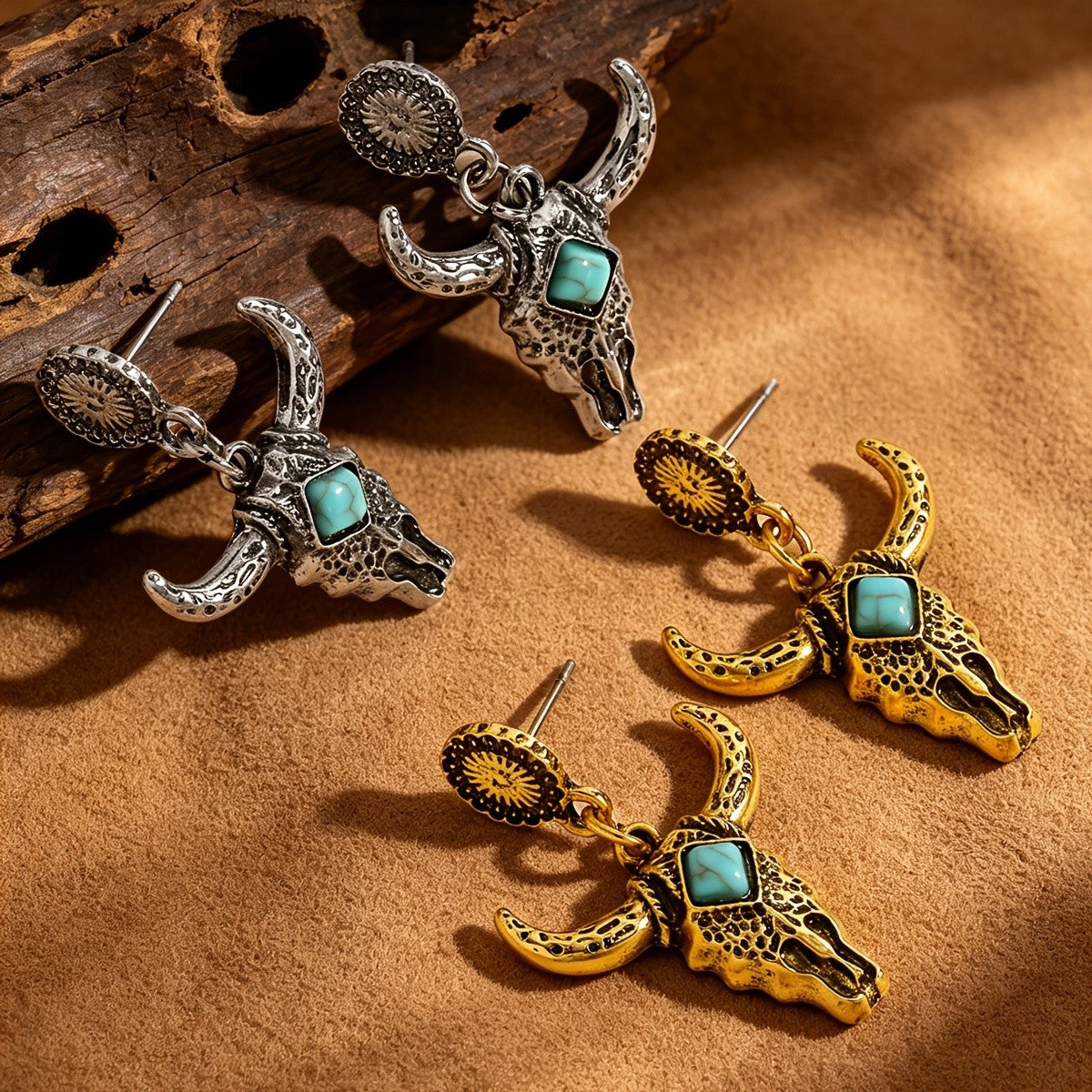 Turquoise Inlay Bull Skull Drop Earrings