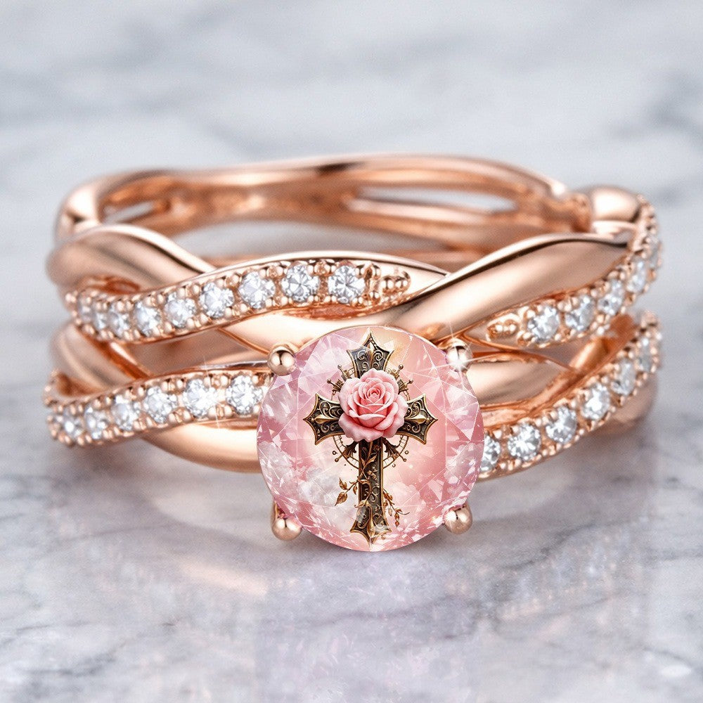 Pink Rose Cross Woven Ring