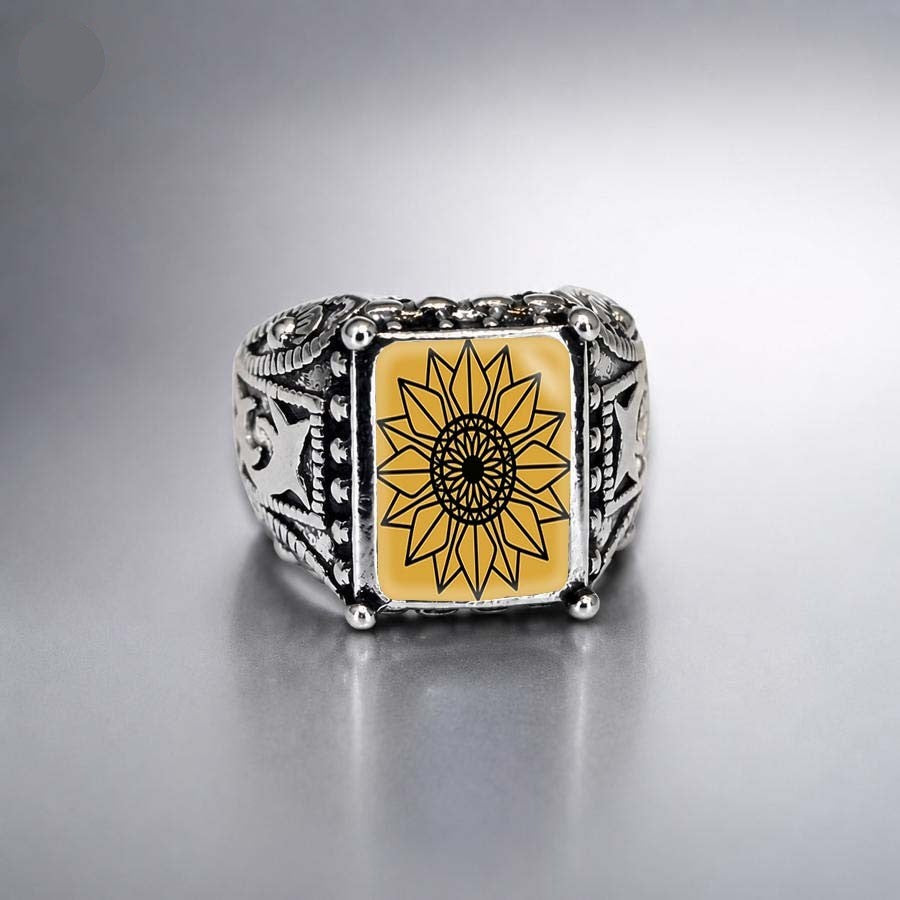 Yellow Sunflower Mandala Square Ring