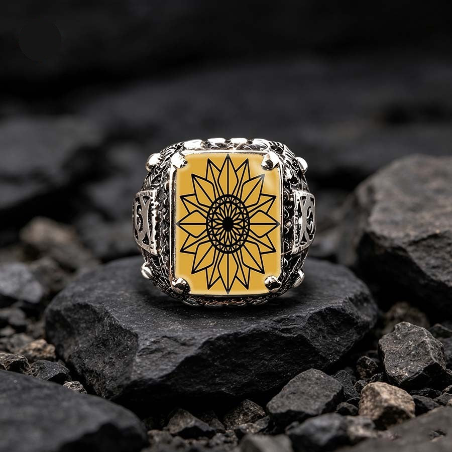 Yellow Sunflower Mandala Square Ring