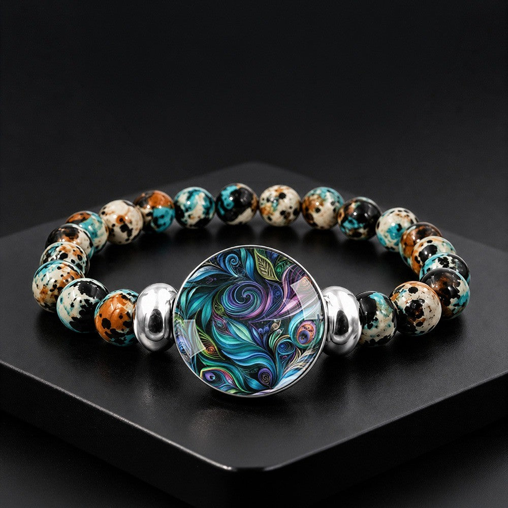 Peacock Feather Glass Bead Bracelet