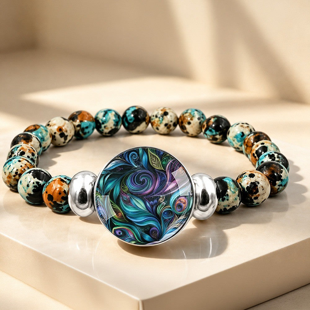 Peacock Feather Glass Bead Bracelet