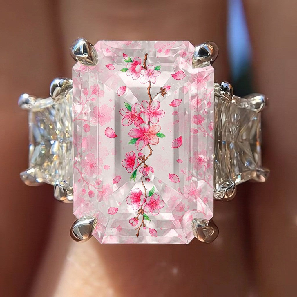 Pink Cherry Blossom Emerald Cut Ring