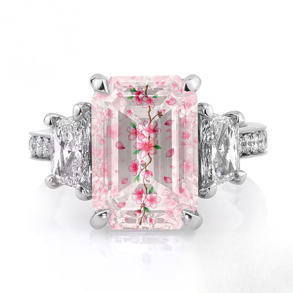 Pink Cherry Blossom Emerald Cut Ring