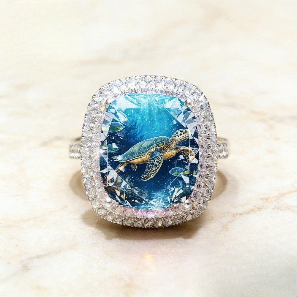 Sea Turtle Ocean Glass Square Ring