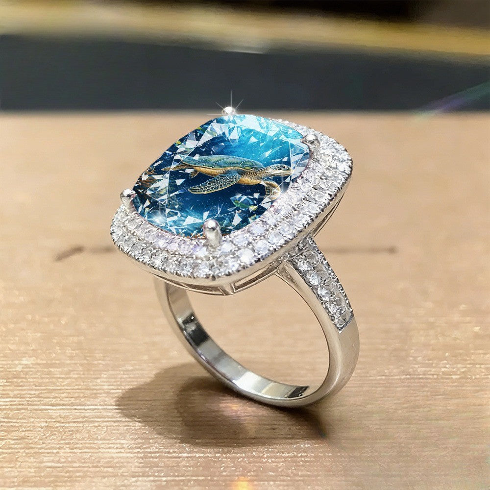 Sea Turtle Ocean Glass Square Ring