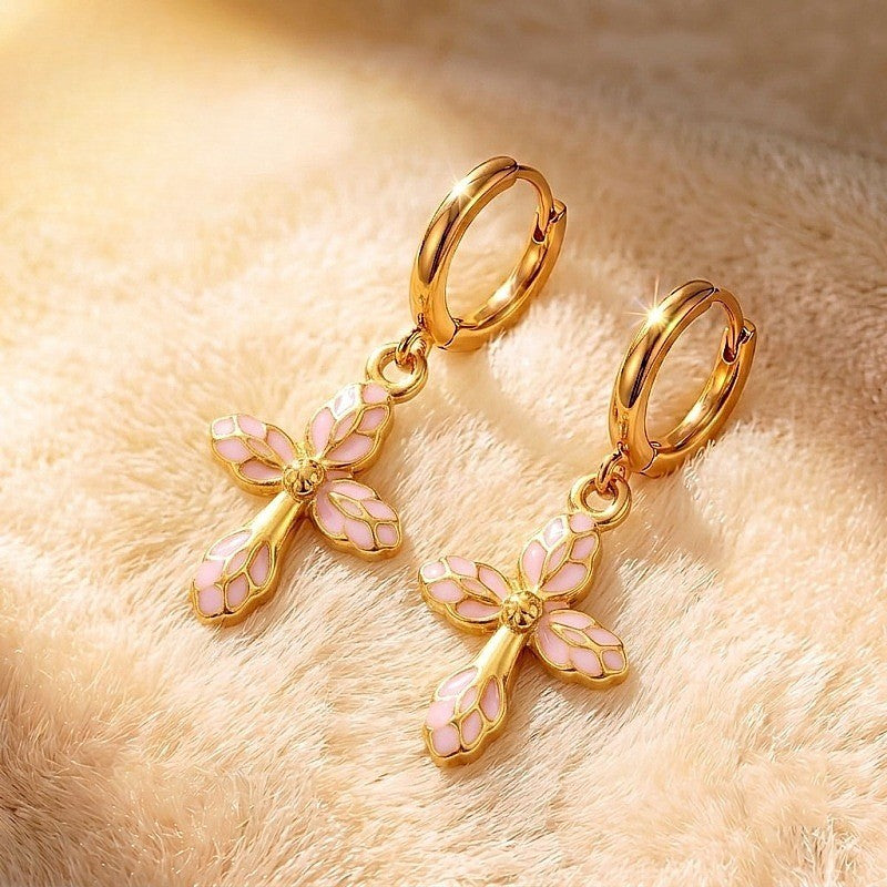 Pink Enamel Cross Drop Earrings
