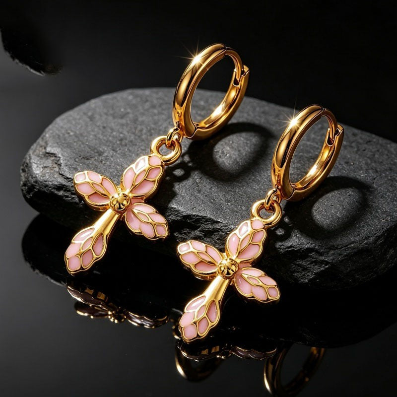 Pink Enamel Cross Drop Earrings
