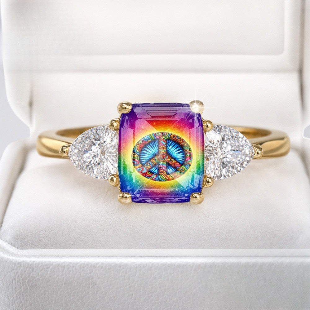 Rainbow Peace Symbol Square Ring