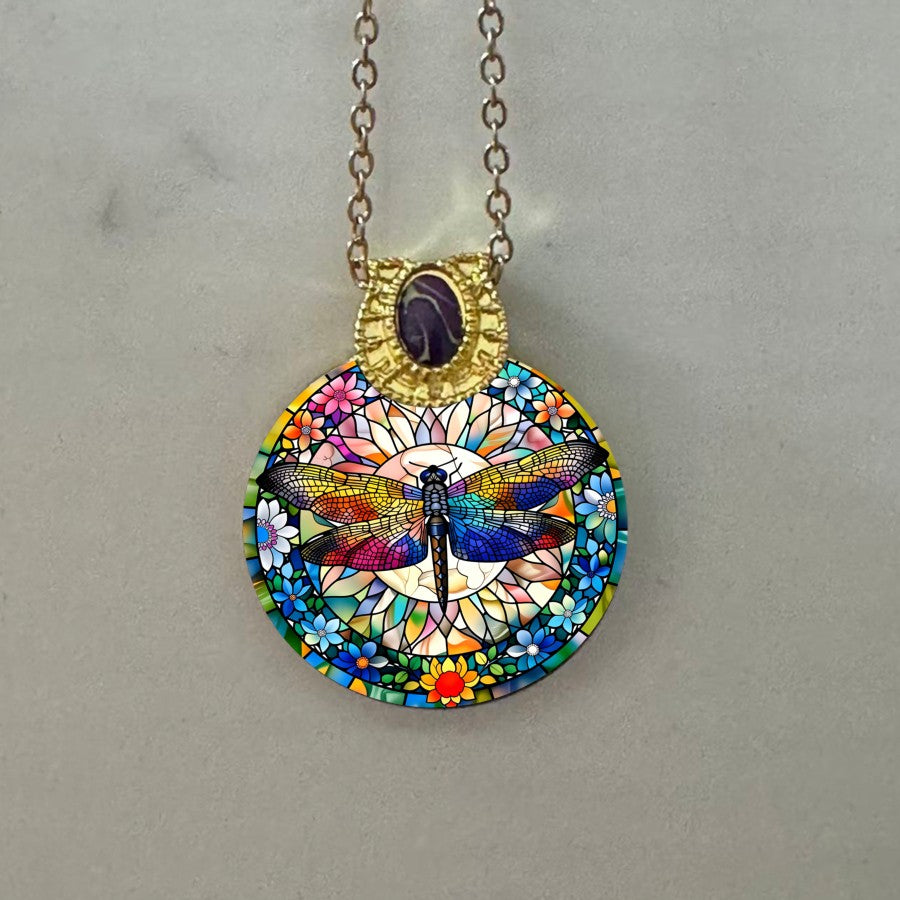 Rainbow Dragonfly Floral Pendant Necklace