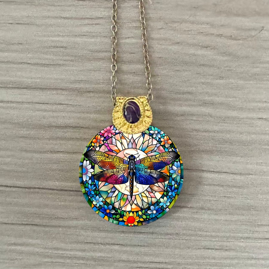 Rainbow Dragonfly Floral Pendant Necklace