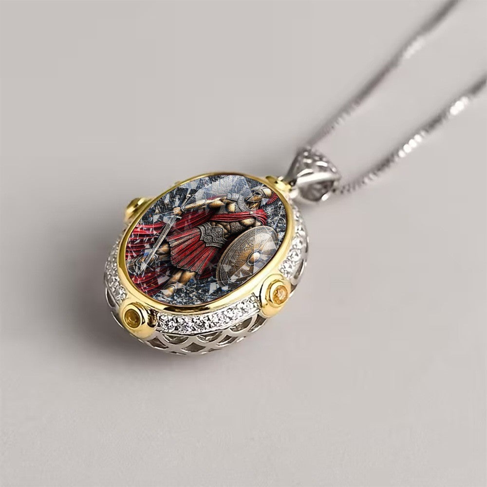Armored Warrior Oval Pendant Necklace