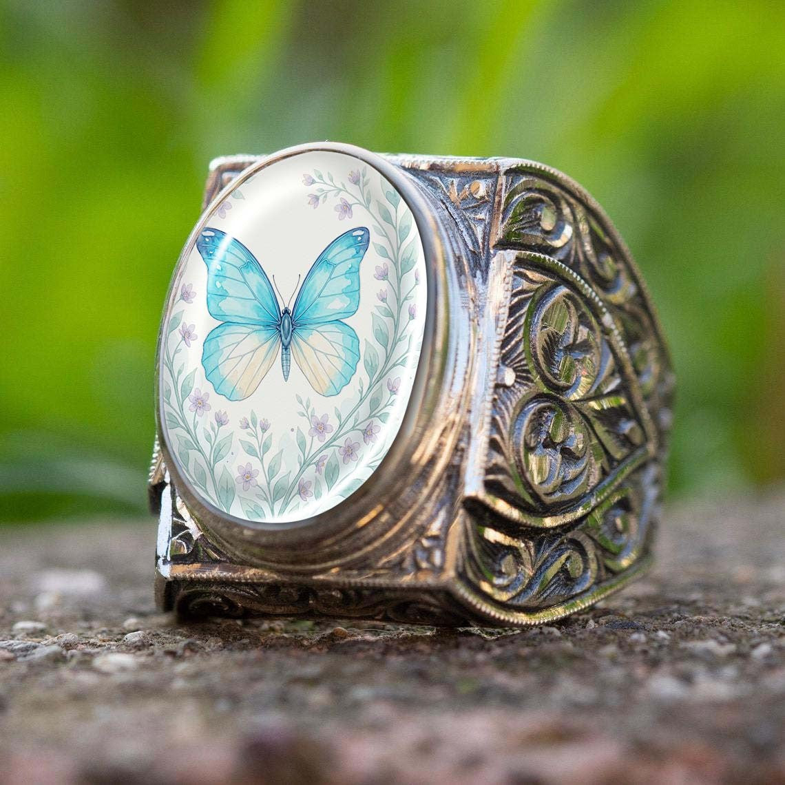 Blue Butterfly Oval Ring
