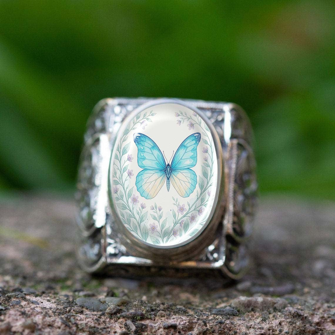 Blue Butterfly Oval Ring