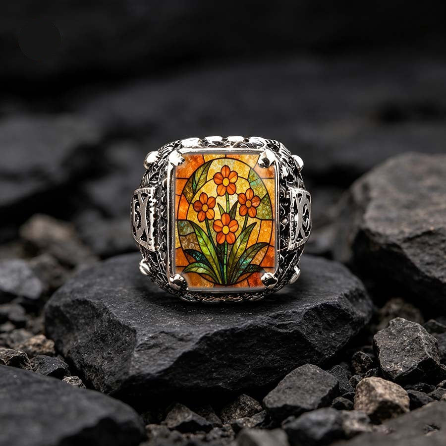 Orange Floral Stained Glass Ring