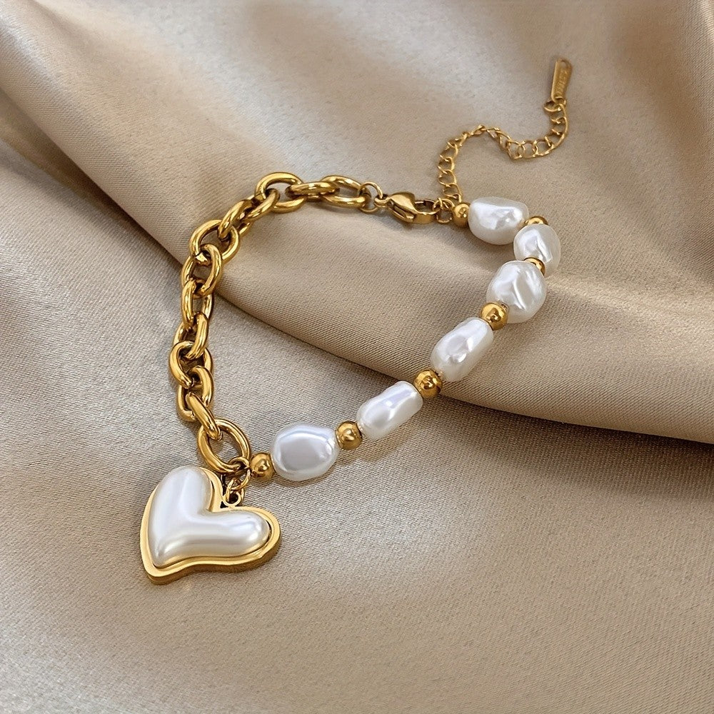 Irregular Pearl & Heart Charm Bracelet