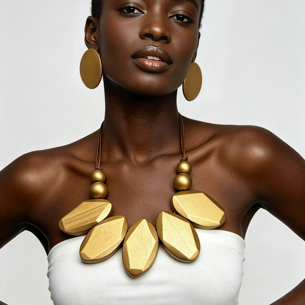Faceted Wood Bib Necklace & Earring Set