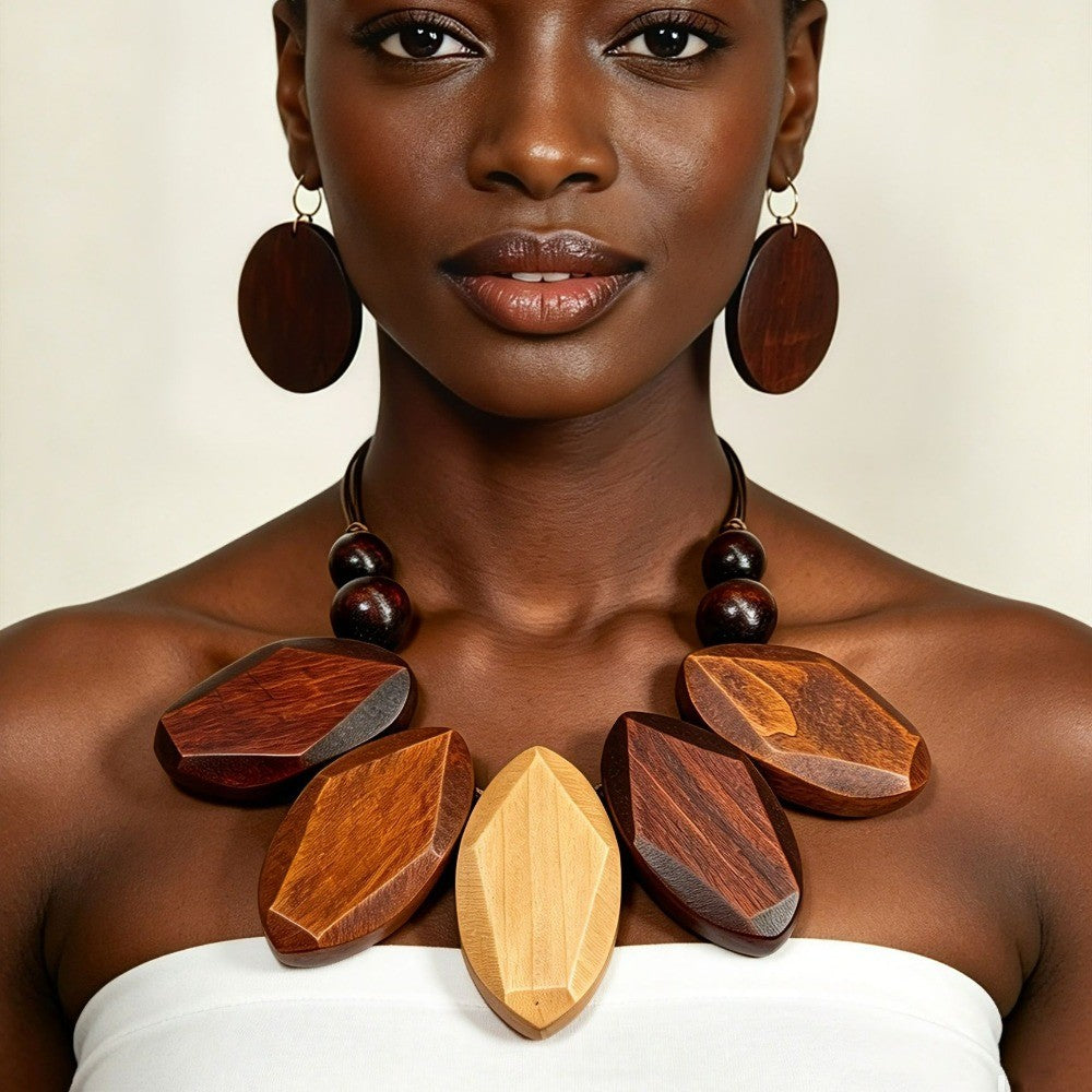 Faceted Wood Bib Necklace & Earring Set