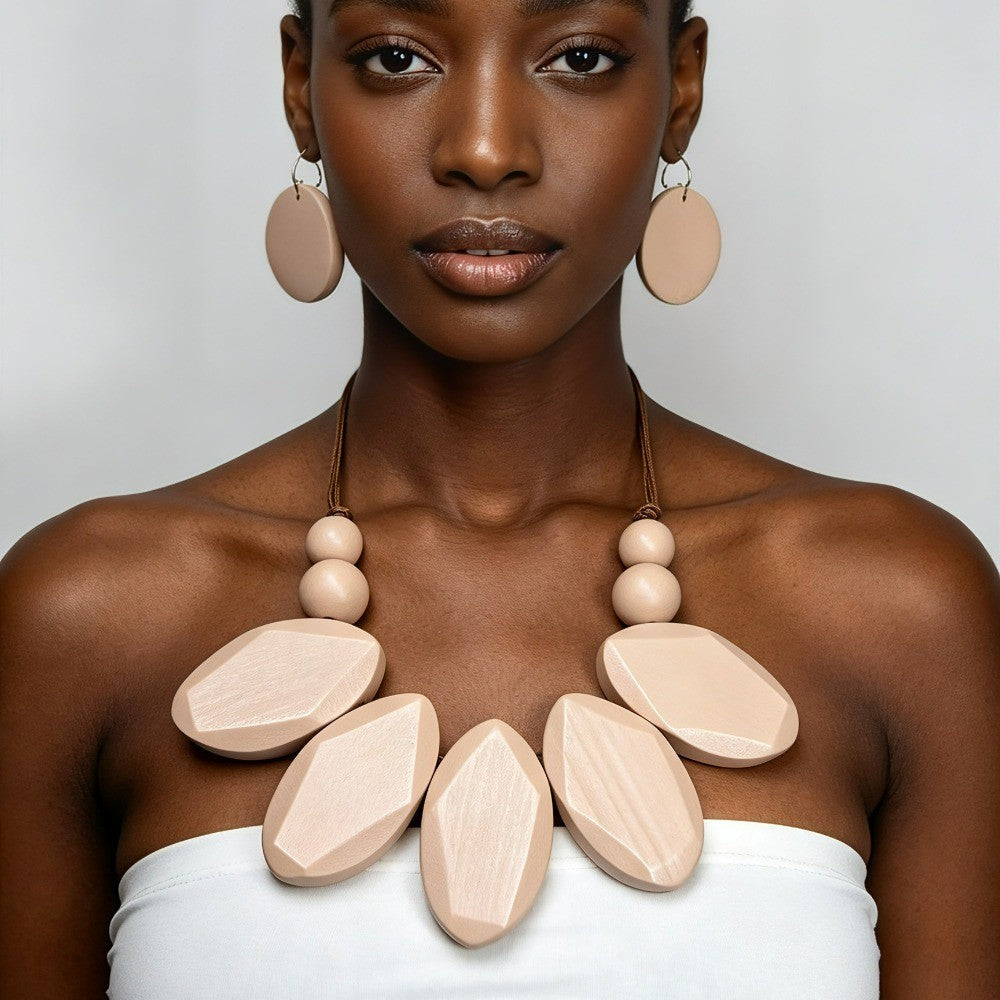 Faceted Wood Bib Necklace & Earring Set