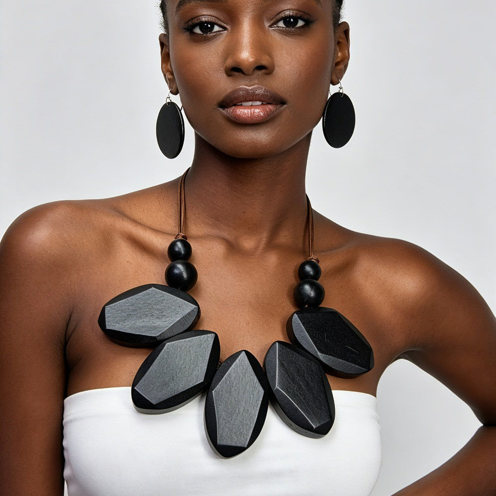 Faceted Wood Bib Necklace & Earring Set