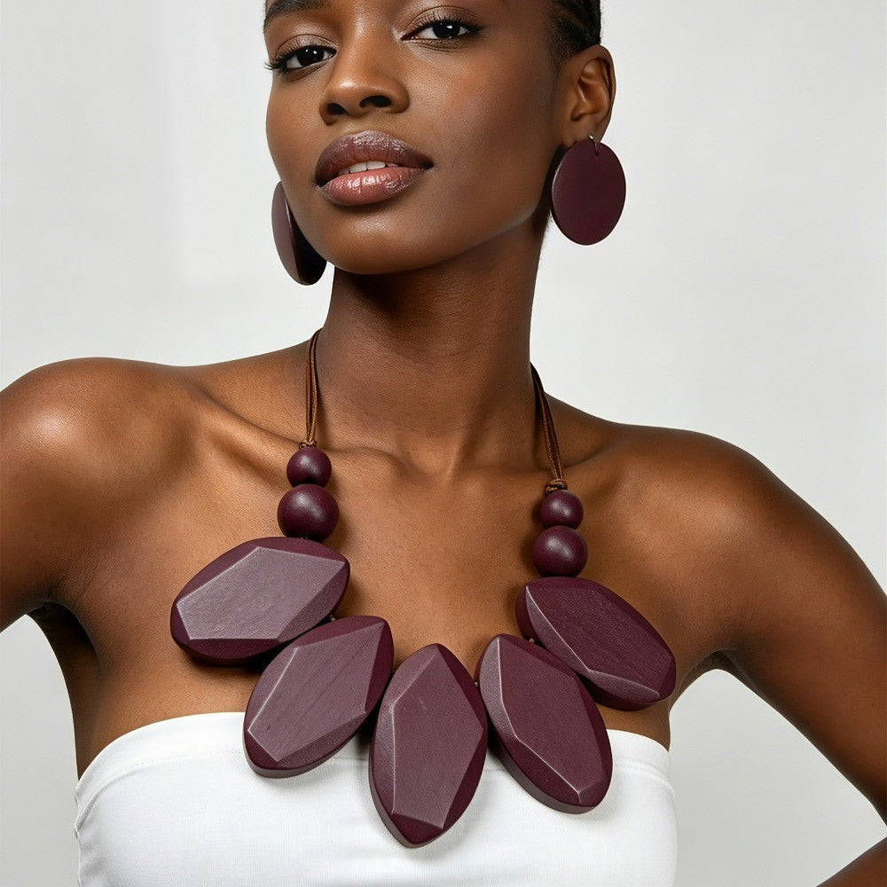 Faceted Wood Bib Necklace & Earring Set