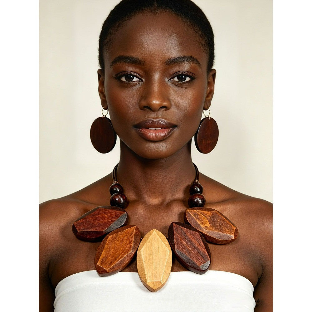 Faceted Wood Bib Necklace & Earring Set