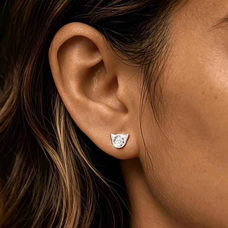 Cat Head Crystal Stud Earrings