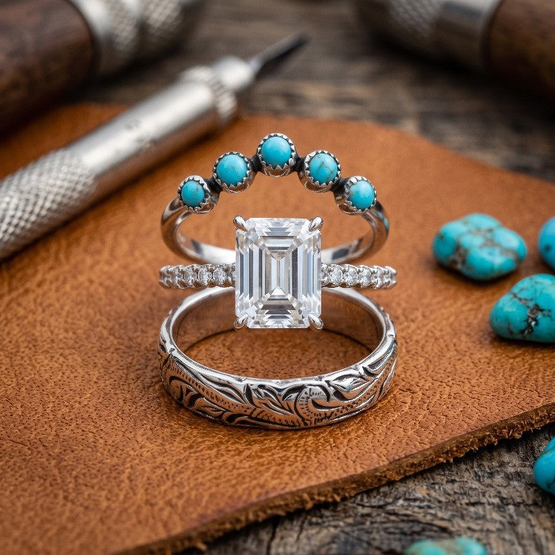 Emerald Cut & Turquoise Ring Set