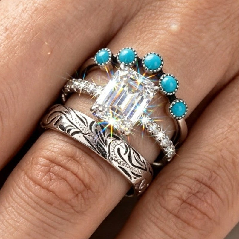Emerald Cut & Turquoise Ring Set