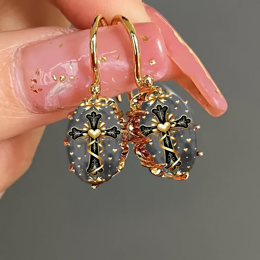 Grey Glass Cross Drop Earrings