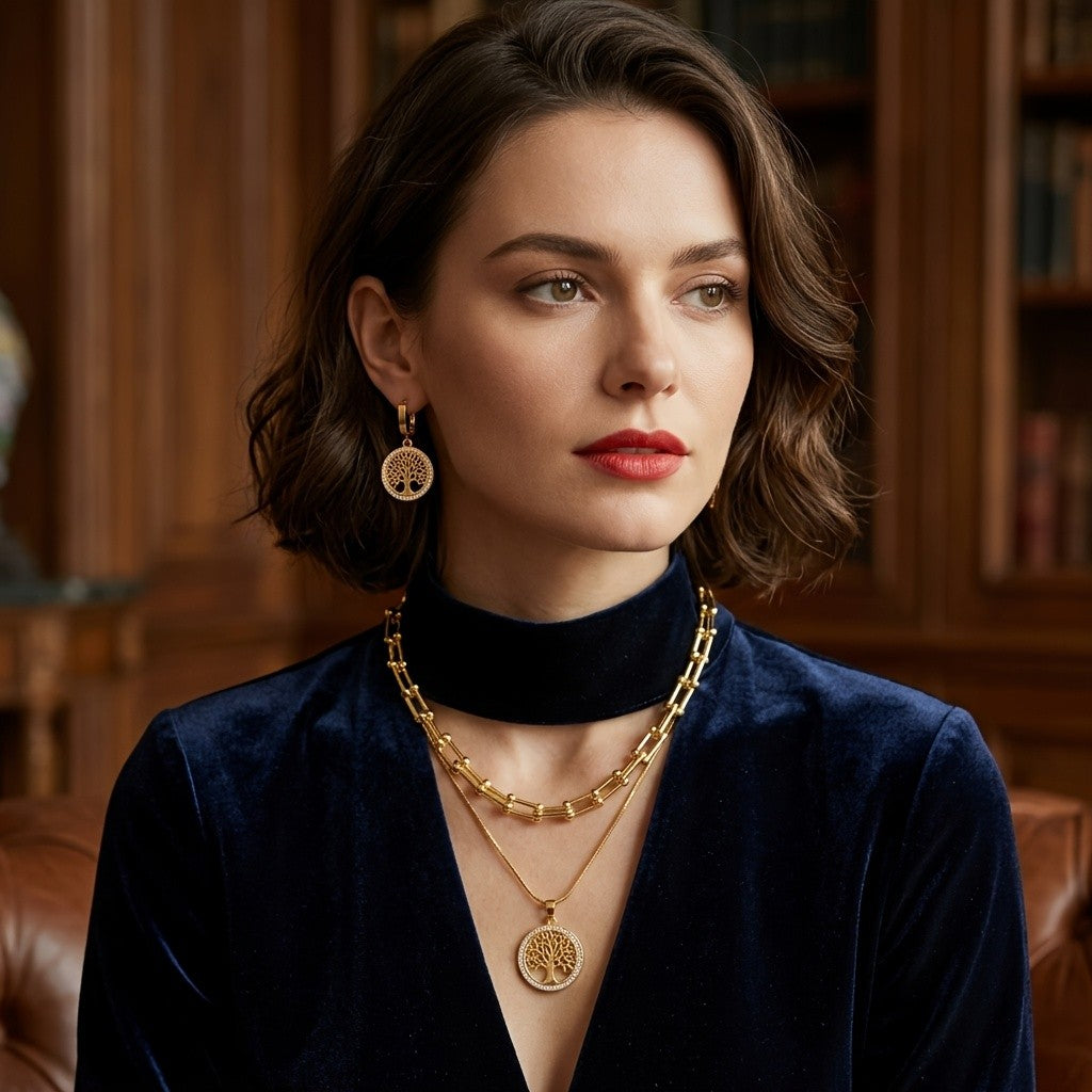 Round Crystal Tree of Life Necklace & Earring Set