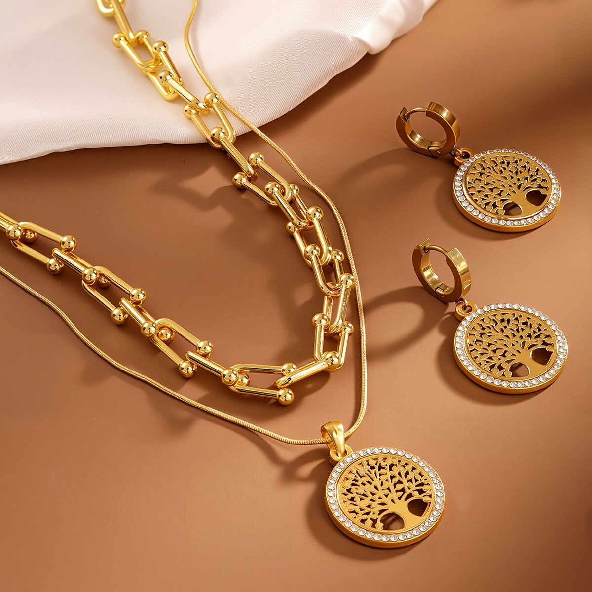 Round Crystal Tree of Life Necklace & Earring Set