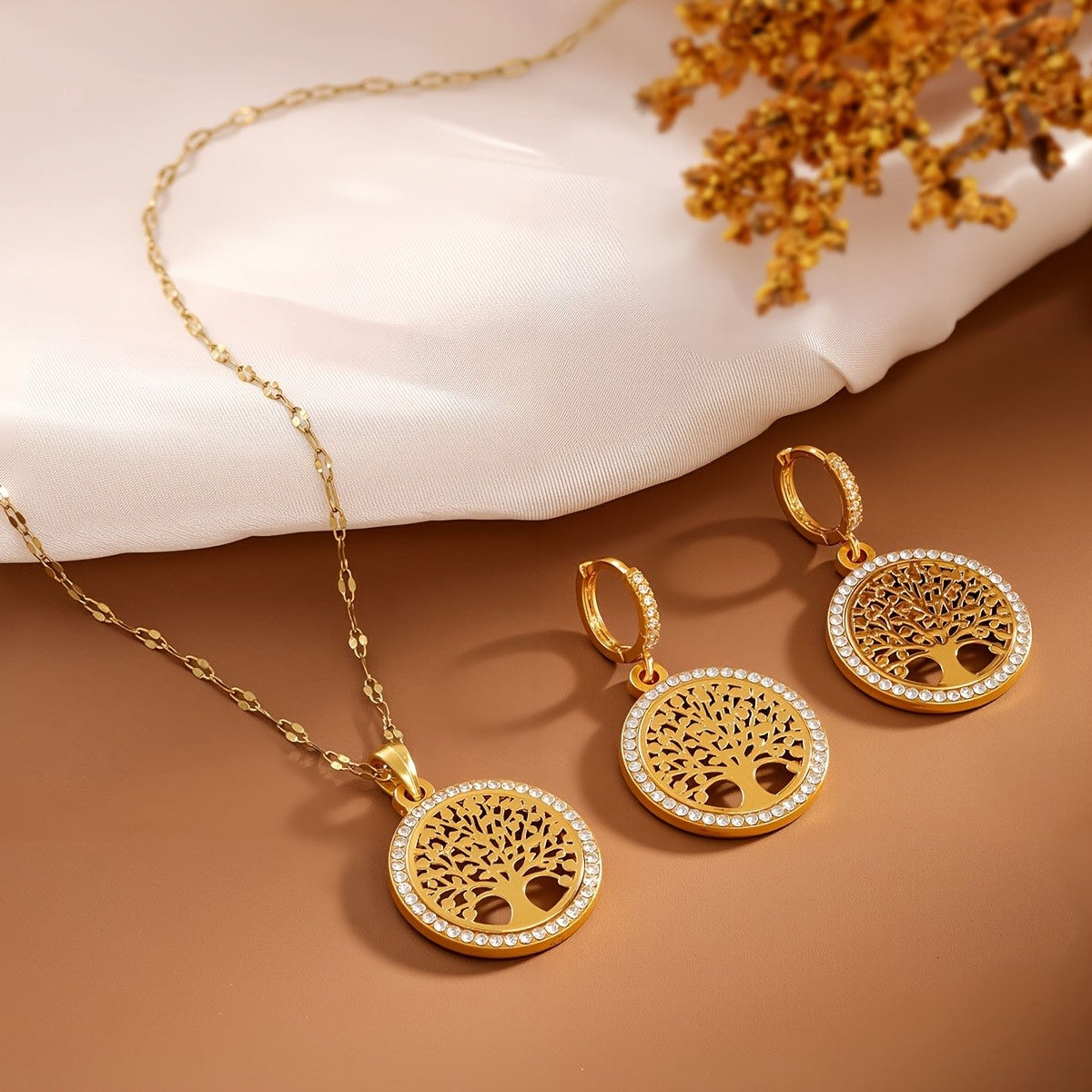 Round Crystal Tree of Life Necklace & Earring Set